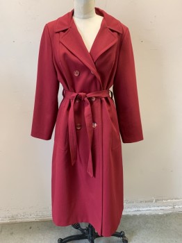 NL, Maroon Red, Polyester, Wool, Solid, with Matching Belt, Collar Attached, Double Breasted, Button Front, 2 Pockets