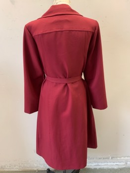 NL, Maroon Red, Polyester, Wool, Solid, with Matching Belt, Collar Attached, Double Breasted, Button Front, 2 Pockets