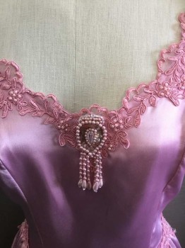 N/L, Mauve Pink, Polyester, Solid, Floral, Satin, Poofy Bubble Short Sleeves, Sweetheart Neckline, V Shape Waist with Full, Gathered Skirt, Mauve Lace Trim At Neckline, Waist and Hem, Pink Pearl Detail At Bust, Sleeves, Cream Pearls At Center Back with Large Self Fabric Bow, Hem Mid-calf,  Multiples,