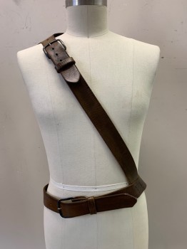 NO LABEL, Brown, Leather, Solid, Arrow Holder, Shoulder Cross Strap With Buckle And Waist Belt, Stitch Details