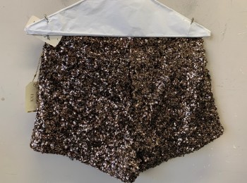 XXI, Gold, Black, Sequins, Polyester, Clubwear Hot Pants, Covered in Sequins, Mid Rise, 1.5" Inseam, Side Zip
