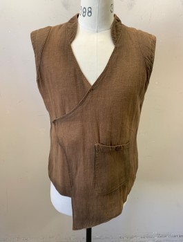 N/L MTO, Brown, Linen, Solid, Wrapped Surplice Front Closure (Tacked Down), V-Neck, Stand Collar, 1 Patch Pocket,  Aged/Dirty Throughout, Made To Order