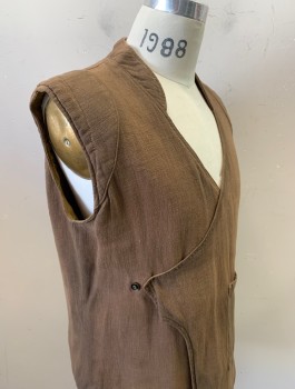 N/L MTO, Brown, Linen, Solid, Wrapped Surplice Front Closure (Tacked Down), V-Neck, Stand Collar, 1 Patch Pocket,  Aged/Dirty Throughout, Made To Order