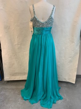 J&J, Teal Green, Polyester, Sequins, Solid, Silver Sequinned & Beaded Bust & Shoulder Straps, Sweetheart Neckline, Pleated Empire Waist, Gathered Skirt, Side Zip, Matching Rectangular Scarf