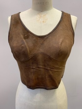 MTO, Brown, Leather, Solid, Mottled with Age, Cropped, Sleeveless, Back Lace And Zip, Light Pink Stains On Inside Multiple