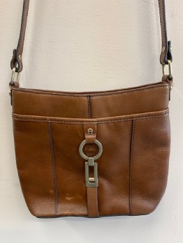 ETIENNE AIGNER, Brown, Leather, Solid, Crossbody, Long Strap, Dull Silver Ring And Rectangle CF, Aged/Distressed,