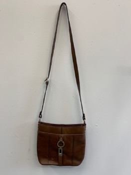 ETIENNE AIGNER, Brown, Leather, Solid, Crossbody, Long Strap, Dull Silver Ring And Rectangle CF, Aged/Distressed,