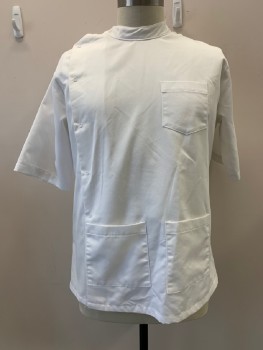 MANDEL, White, Cotton, Polyester, Solid, Band Collar, S/S, 3 Pckts, Right Snap Front,
