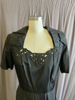 N/L, Black, Silk, Solid, S/S, C.A., Square Neck, With  CF  Floral  Cut Work, Side Zipper. Light Shoulder Burn