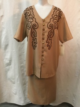 NO LABEL, Camel Brown, Brown, Synthetic, Solid, Novelty Pattern, Button Front, Brown Embroidery Design, V-neck, Short Sleeves,