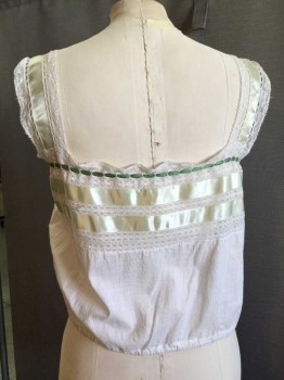 Cream, Mint Green, Cotton, Rayon, Lace Trim Square Neckline  with Mint Ribbon Inlay Horizontal Panels. Green Ribbon Drawstring At Chest Line and Elasticated Waist. Sleeveless,