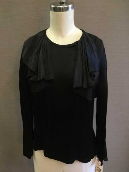 Berliner Fundus, Black, Silk, Solid, 1930's Blouse, 3/4 Raglan Sleeve with Pleated Flutter Panel At Cuff, Crew Neck, 2 Ruffle Panels Hanging From Neck, 1/4 Off Center Snap Front
