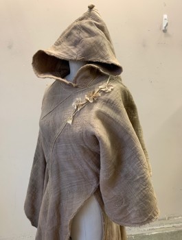 M.T.O., Beige, Wool, Silk, Hooded Whimsical Cloak Wrap Style, Fitted Through Waist with Brown Feathers & Beading At Neckline Front. Homespun Wool with Silk Organza Overlay with Quilt Stitching Detail