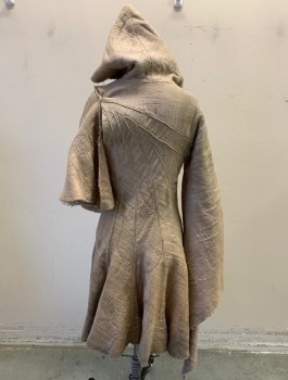 M.T.O., Beige, Wool, Silk, Hooded Whimsical Cloak Wrap Style, Fitted Through Waist with Brown Feathers & Beading At Neckline Front. Homespun Wool with Silk Organza Overlay with Quilt Stitching Detail
