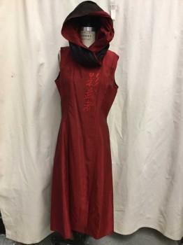 MTO, Black, Dk Red, Synthetic, Solid, Made To Order, Full Length Vest, Hook & Eyes at Collar of Full Pleated Hood, Opens Front Side with Ambiguous Asian Writing Center Front, Multiples,