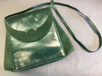 CHARLES JOURDAN, Dk Green, Leather, Suede, Solid, Snap Flap Closure, Suede Scallopped Detail on Flap, Suede Side, 1 Shoulder Strap