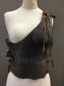 Brown, Leather, Solid, 1 Shoulder, Pleated Bottom, Lace Up Sides