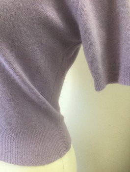 WONDAMERE, Lavender Purple, Wool, Nylon, Solid, Knit, Short Sleeves, Pullover, High Square Neckline, Fitted,