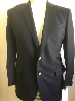 BROOKS BROTHERS, Midnight Blue, Wool, Solid, 2 Buttons,  Notched Lapel, 3 Pockets,