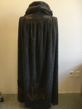 MTO, Charcoal Gray, Dk Brown, Acrylic, Leather, Made To Order, Boucle, Yoke with Hood, Costume Patches in Linen, Cotton, and Leather, Large Hand Stitching, 4 Silver Buttons,