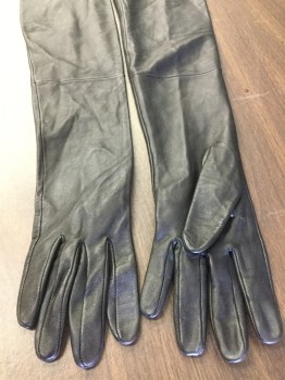 INES GLOVES, Black, Leather, Solid, Above the Elbow Length Gloves, Unlined.