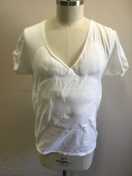 N/L, White, Cotton, Solid, Belly Fat and Man Boobs Tshirt, V-neck, Short Sleeves, Front and Side Padding