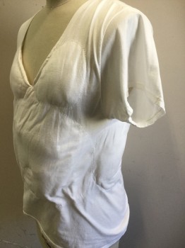 N/L, White, Cotton, Solid, Belly Fat and Man Boobs Tshirt, V-neck, Short Sleeves, Front and Side Padding