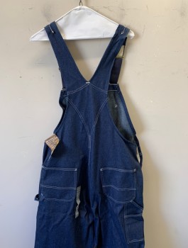 CARHARTT, Denim Blue, Cotton, Solid, Indigo Denim with White Top Stitching, Navy Elastic on Straps, Many Pockets/Compartments at Chest, Waist, Bum, Carpenter Loop at Hip