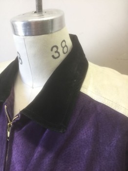 COSA NOVA, Purple, Black, Off White, Leather, Suede, Color Blocking, Panels of Purple/Black/Cream Suede and Leather, Zip Front, Collar Attached, Padded Shoulders, "8" Panel at Center Back and Sleeves, 2 Zip Pockets, Elastic Waist,