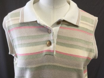 ELANDALE, Cream, Pink, Lime Green, Cotton, Stripes, 3 Button Placket Polo, Self Dash Stripe Pattern