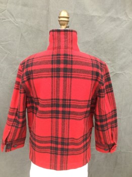 RALPH LAUREN, Red, Black, Wool, Nylon, Plaid, Zip/Button Front, Collar Attached, Detachable Tab at Neck, 4 Flap Pockets, Long Sleeves, Button Cuff, Doubles