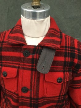 RALPH LAUREN, Red, Black, Wool, Nylon, Plaid, Zip/Button Front, Collar Attached, Detachable Tab at Neck, 4 Flap Pockets, Long Sleeves, Button Cuff, Doubles