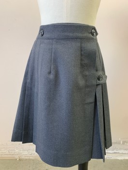 FLYNN O'HARA, Gray, Polyester, Wool, Solid, Gabardine, Pleated, 1.5" Wide Self Waistband, Wrap Closure with Buttons at Waist, Hem Above Knee, School Uniform