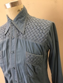 N/L, French Blue, Cotton, Solid, Long Sleeve Button Front, Collar Attached, Self Basketweave at Shoulder Yoke & 2 Slanted Patch Pockets, White Top Stitching, Western Inspired,