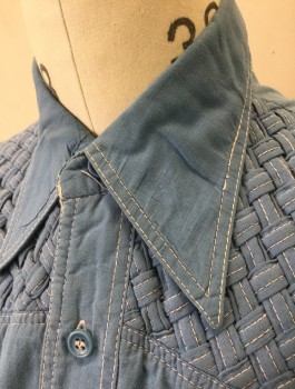 N/L, French Blue, Cotton, Solid, Long Sleeve Button Front, Collar Attached, Self Basketweave at Shoulder Yoke & 2 Slanted Patch Pockets, White Top Stitching, Western Inspired,