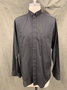 RJ TOOMEY, Black, Poly/Cotton, Solid, Button Front with Hidden Placket, Long Sleeves, Collar Attached Tacked Down, 2 Pockets, Priest, Clergy
