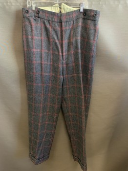 COSTUME WORKSHOP, Navy Blue, Gray, Red, Wool, Plaid-  Windowpane, Flat Front, Button Fly,  Small Pocket, 4 Pockets, Cuffs