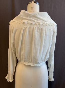 N/L, White, Cotton, Solid, Eyelet Sailor Collar with Lace Trim, Off Center Button Front, Pin Tuck Pleat Center Front Panel with Criss Cross Embroidery, Tiny Pleats at Waistband, Long Sleeves, Turned Back Cuff with Embroidery with Button Loop