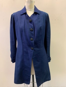 N/L, Navy Blue, Wool, Solid, Ribbed Twill Weave, 4 Black Fabric Covered Buttons, Collar Attached, Puffy Sleeves Gathered at Shoulders, Cuffed Wrists with 1 Button Accent, Below Hip Length, Vented Back,
