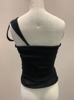 MTO, Black, Poly/Cotton, Solid, Tube Top with Single Strap, Asymmetrical, Pleats, Mesh Pattern, Horsehair Tubing in Hem and Bust, Knit, Plastic Stay in Side Seam