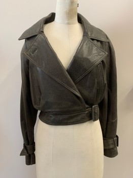 ANDREW MARC, Dk Brown, Leather, Reptile/Snakeskin, C.A., Notched Lapel, 2 Pckts, Belted Waist And Cuffs