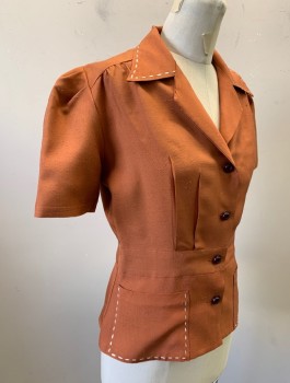 N/L MTO, Rust Orange, Silk, Solid, Short Puffy Sleeves Gathered at Shoulders, Collar Attached, Cream Top Stitching at Collar and 2 Patch Pockets, Button Front, Peplum Waist, Made To Order