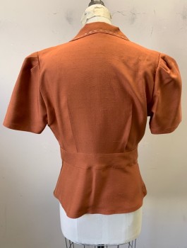 N/L MTO, Rust Orange, Silk, Solid, Short Puffy Sleeves Gathered at Shoulders, Collar Attached, Cream Top Stitching at Collar and 2 Patch Pockets, Button Front, Peplum Waist, Made To Order