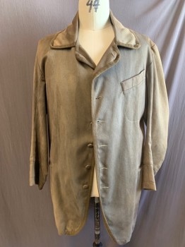N/L, Mushroom-Gray, Cotton, Solid, Mid 1800s, Old West, Knee Length, Heavy Twill, Seam Binding Detail Notched Lapel and Front Placket, 3 Pockets, Cuff Detail, Aged, Multiple