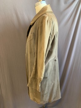 N/L, Mushroom-Gray, Cotton, Solid, Mid 1800s, Old West, Knee Length, Heavy Twill, Seam Binding Detail Notched Lapel and Front Placket, 3 Pockets, Cuff Detail, Aged, Multiple