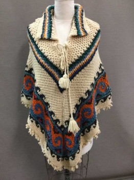 N/L, Cream, Multi-color, Orange, Navy Blue, Teal Green, Wool, Chevron, Solid, Chunky Yarn Knit, Collar Attached, Self Ties At Neck, Fringe At Edges,