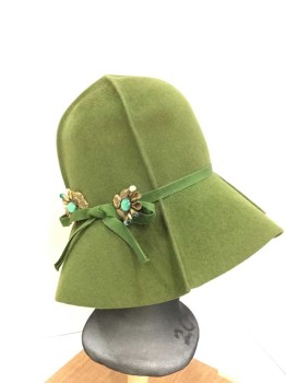 GLENVER, Moss Green, Brass Metallic, Emerald Green, Wool, Metallic/Metal, Solid, Folded Grosgrain Band and Bow. Pot Metal Hat Pin with Costume Stones