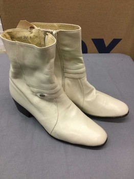 EL ZAINO, Bone White, Leather, Solid, Ankle Boots, Side Zip, 1.5" Heel