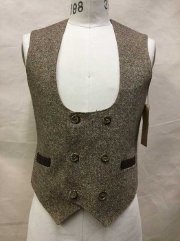 ORLANDO PAPALEO, Cream, Brown, Wool, Tweed, Multi Color Specs, Dbl Breasted, 6 Buttons, 2 Pockets, Chocolate Brown Velvet Pocket Trim, Rounded Neck, Steam-punk, Fantasy, Designer,