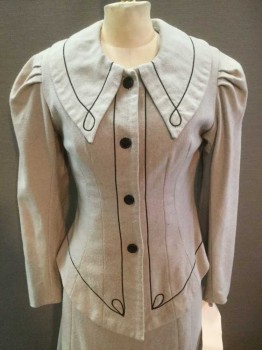 NO LABEL, Dove Gray, Wool, Button Front, Long Sleeves, Black Embroidery Trim, Black Buttons, Pleats On Shoulders,